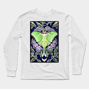 Luna Moth and Flowers - Black Outlined Version Long Sleeve T-Shirt